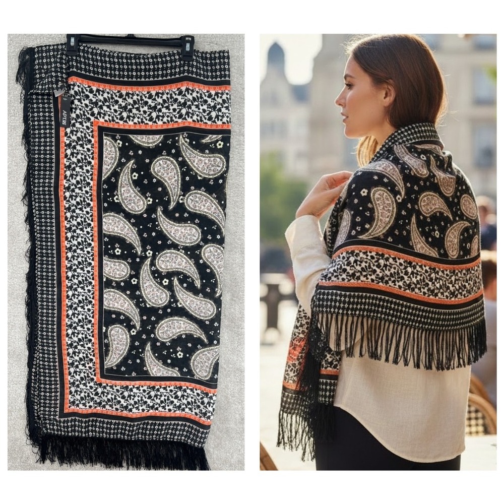 Apt. 9 Scarf Black Orange‎ Paisley Floral Fringe Wrap Shawl Boho NWT